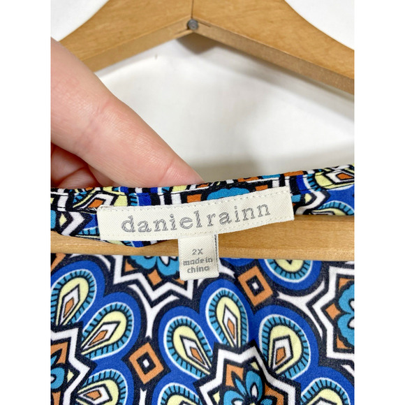 Daniel Rainn Sz 2X Tunic Blouse Top Blue Geometric V Neck Peasant Boho Festival - Picture 8 of 11